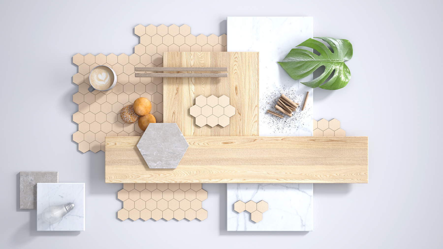 Minimal white background, copy space, marble slab, wooden planks, cutting board, mosaic tiles, plant leaf, cappuccino, cookies, cinnamon. Kitchen interior design concept, mood board